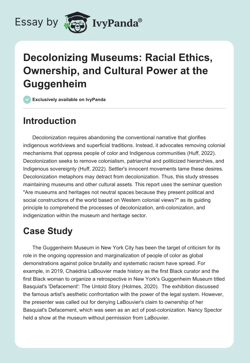 Decolonizing Museums: Racial Ethics, Ownership, and Cultural Power at the Guggenheim. Page 1