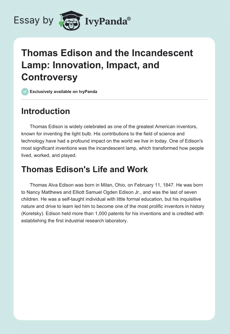 Thomas Edison and the Incandescent Lamp: Innovation, Impact, and Controversy. Page 1