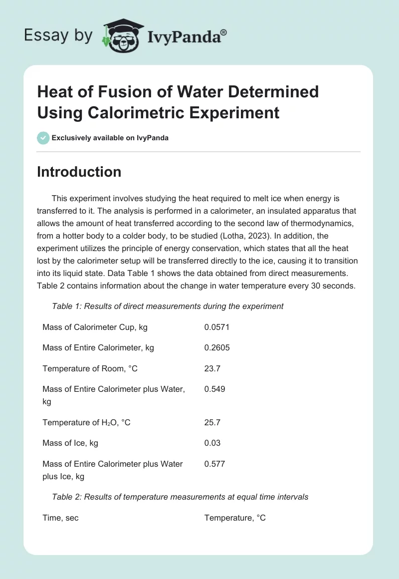 Heat of Fusion of Water Determined Using Calorimetric Experiment. Page 1