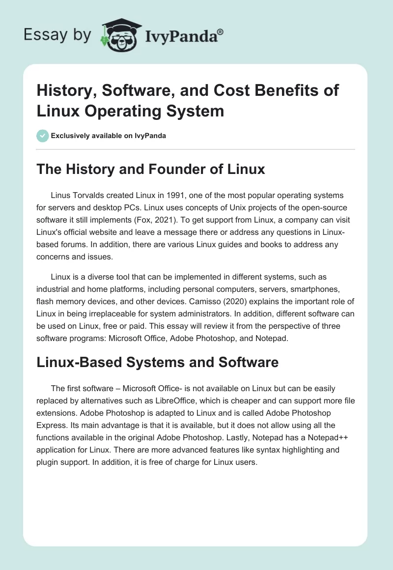 History, Software, and Cost Benefits of Linux Operating System. Page 1