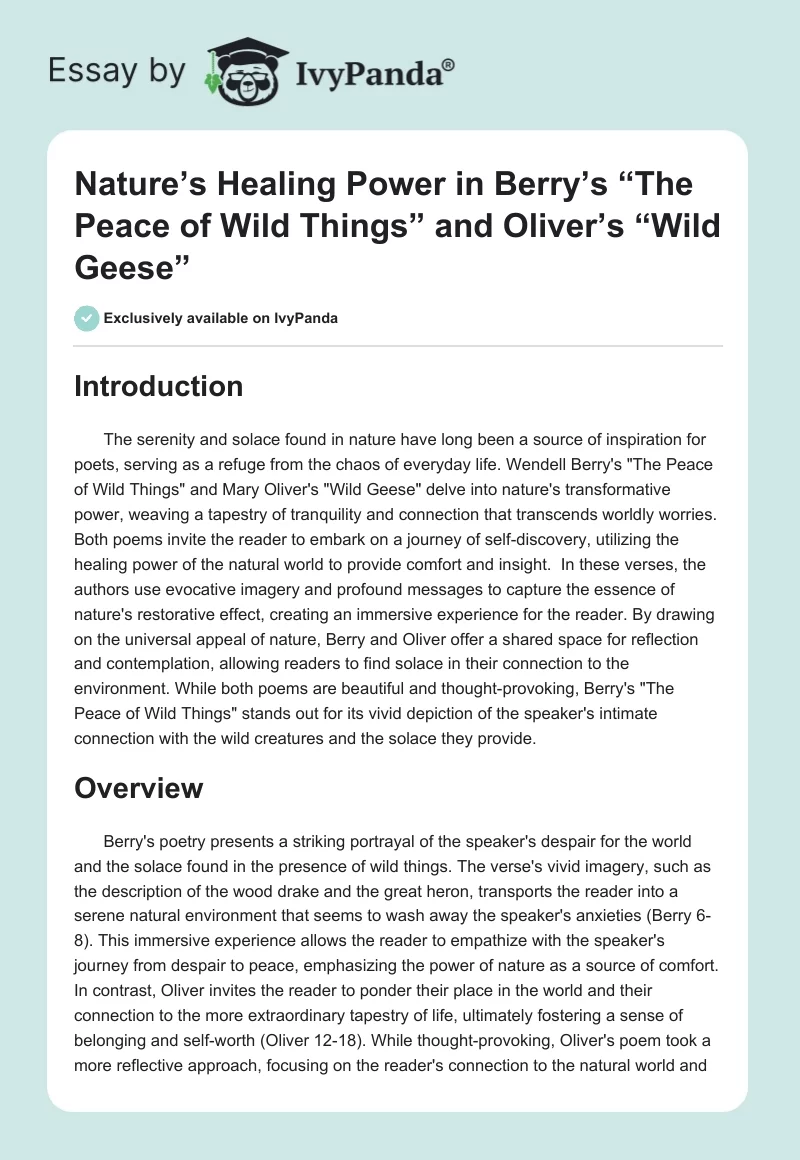 Nature’s Healing Power in Berry’s “The Peace of Wild Things” and Oliver’s “Wild Geese”. Page 1