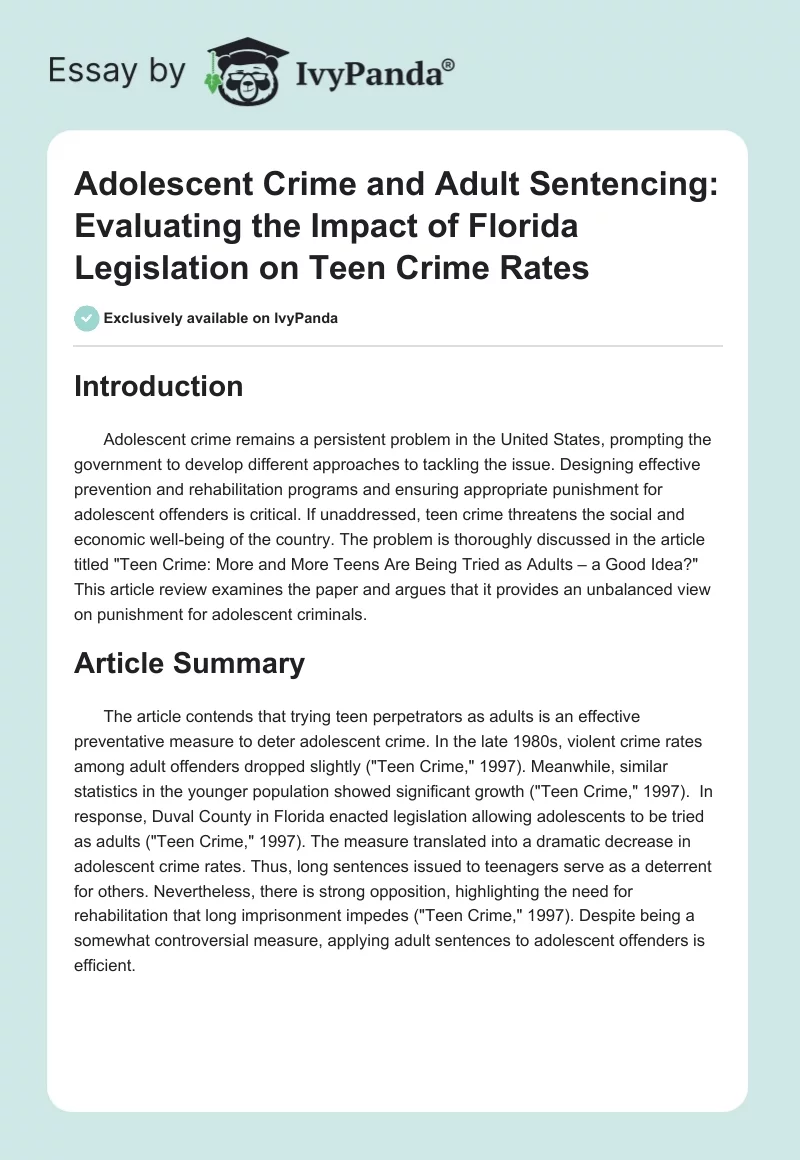 Adolescent Crime and Adult Sentencing: Evaluating the Impact of Florida Legislation on Teen Crime Rates. Page 1
