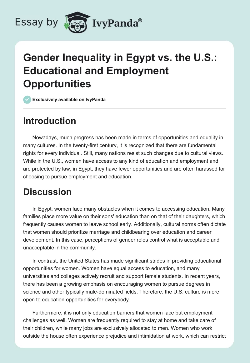 Gender Inequality in Egypt vs. the U.S.: Educational and Employment Opportunities. Page 1