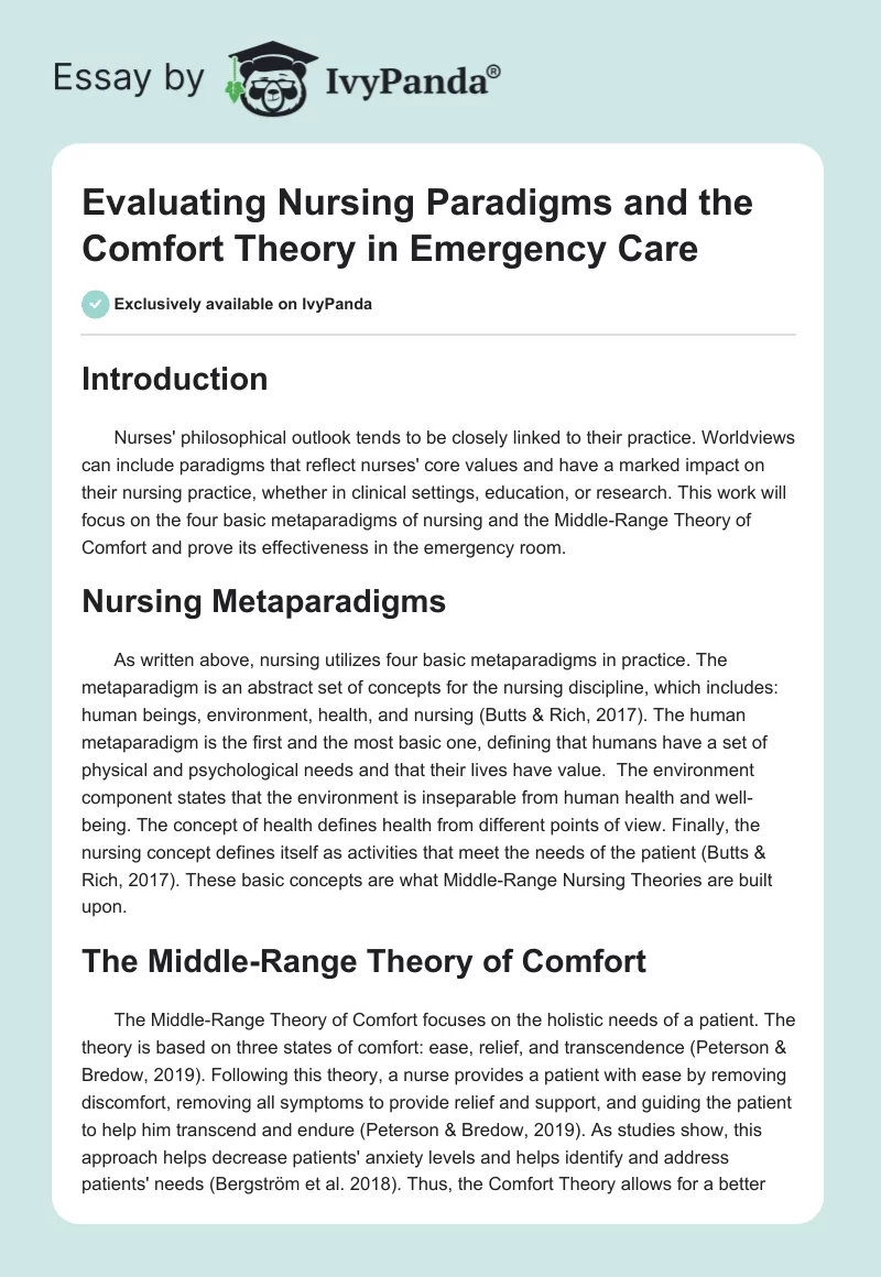 Evaluating Nursing Paradigms and the Comfort Theory in Emergency Care. Page 1