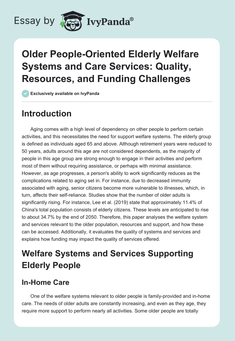 Older People-Oriented Elderly Welfare Systems and Care Services: Quality, Resources, and Funding Challenges. Page 1