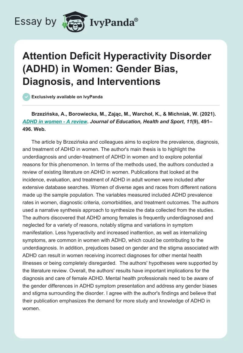 Attention Deficit Hyperactivity Disorder (ADHD) in Women: Gender Bias, Diagnosis, and Interventions. Page 1
