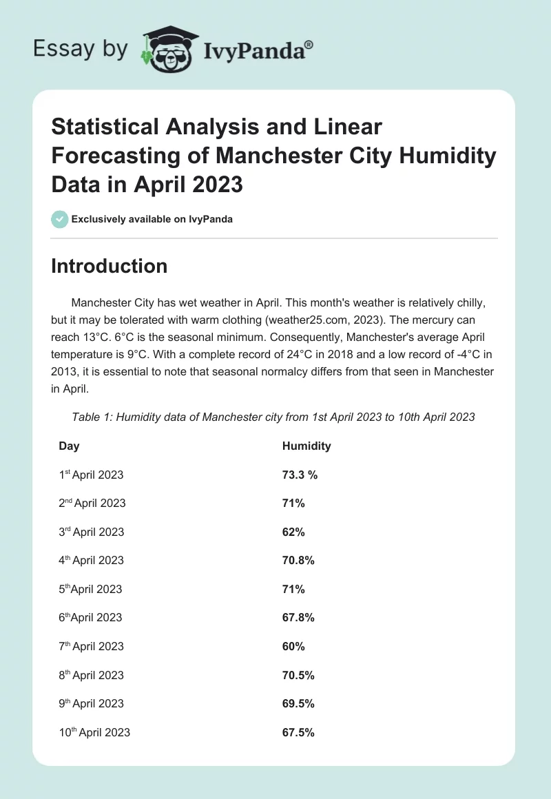 Statistical Analysis and Linear Forecasting of Manchester City Humidity Data in April 2023. Page 1