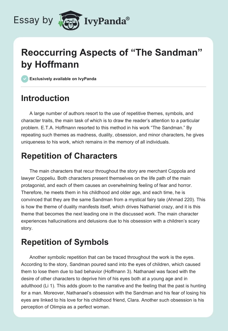 Reoccurring Aspects of “The Sandman” by Hoffmann. Page 1