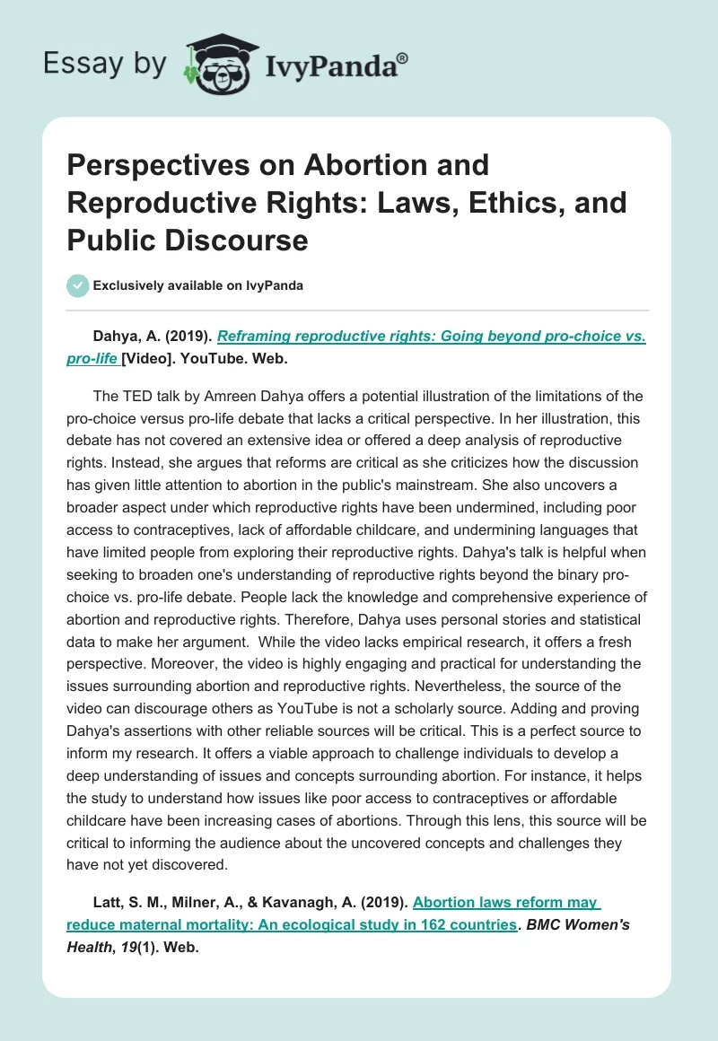 Perspectives on Abortion and Reproductive Rights: Laws, Ethics, and Public Discourse. Page 1