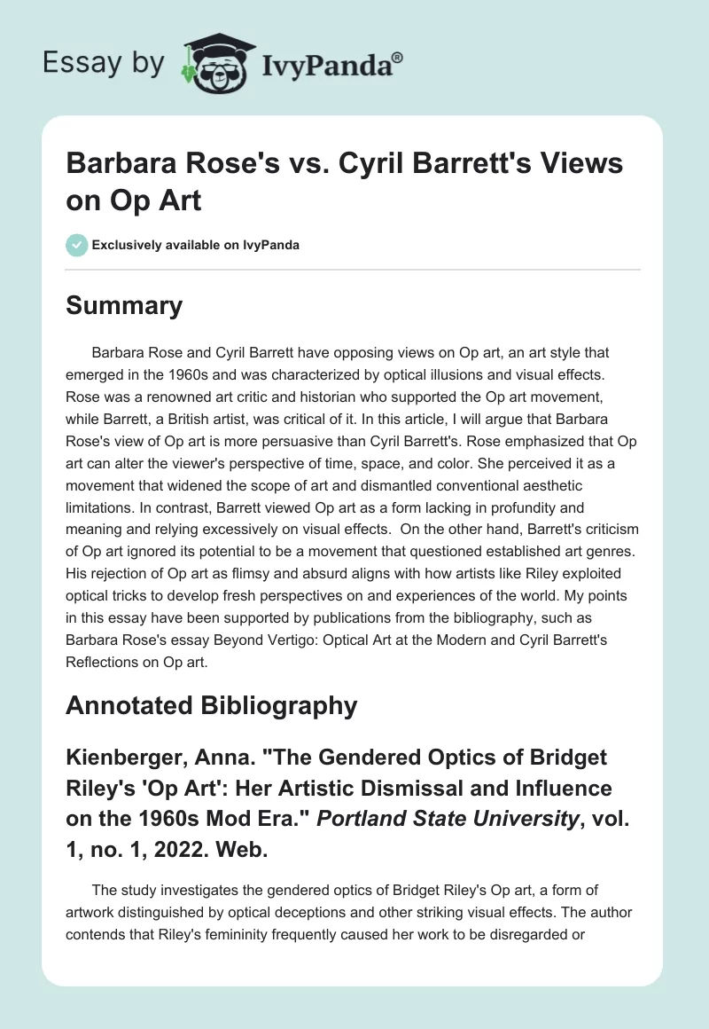 Barbara Rose's vs. Cyril Barrett's Views on Op Art. Page 1