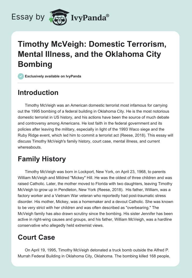 Timothy McVeigh: Domestic Terrorism, Mental Illness, and the Oklahoma City Bombing. Page 1