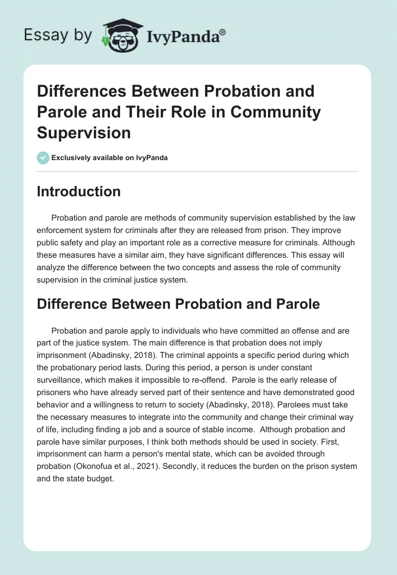 Differences Between Probation and Parole and Their Role in Community Supervision. Page 1