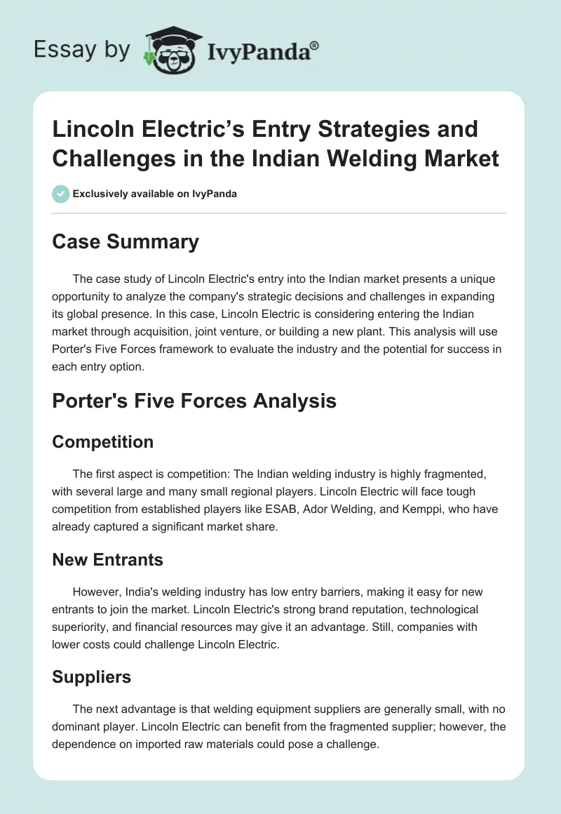 Lincoln Electric’s Entry Strategies and Challenges in the Indian Welding Market. Page 1