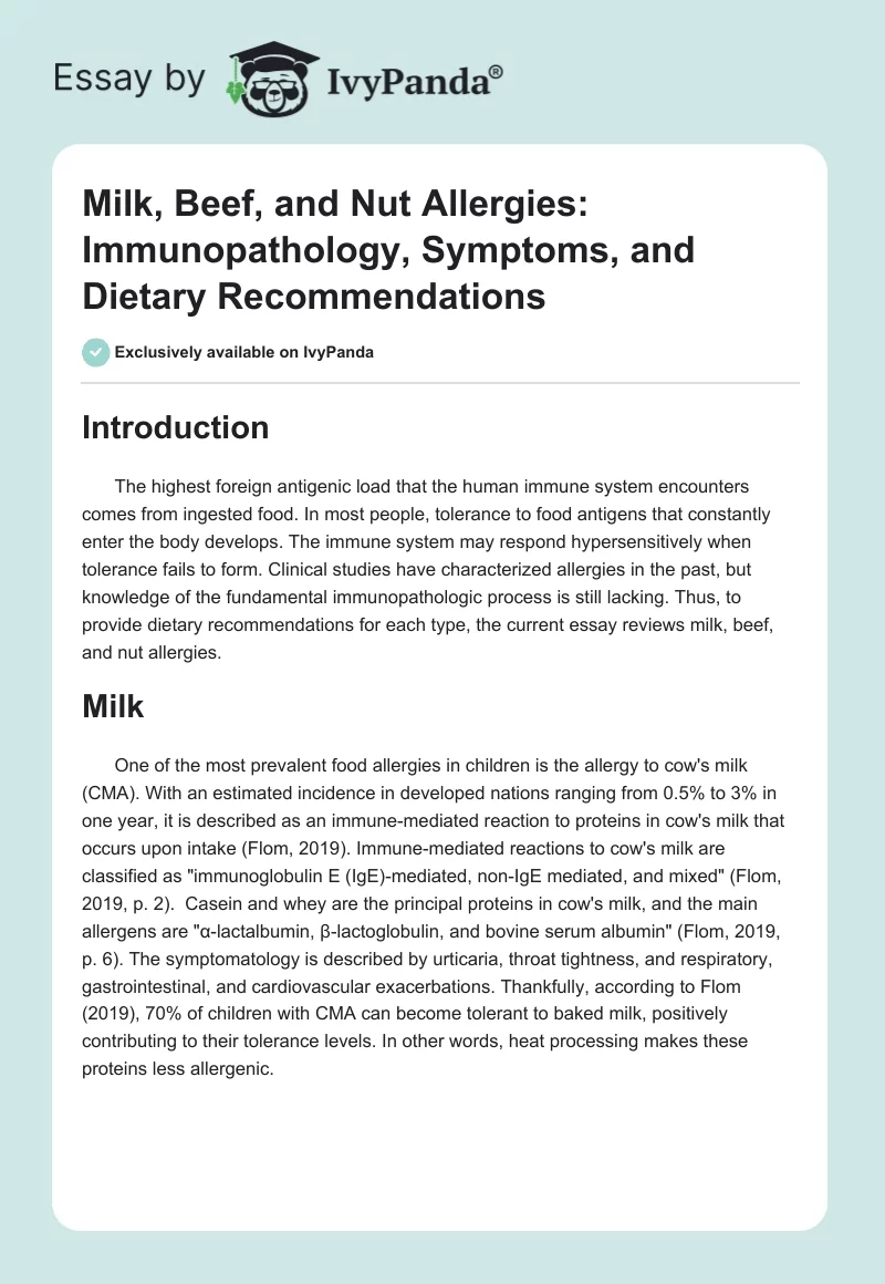 Milk, Beef, and Nut Allergies: Immunopathology, Symptoms, and Dietary Recommendations. Page 1