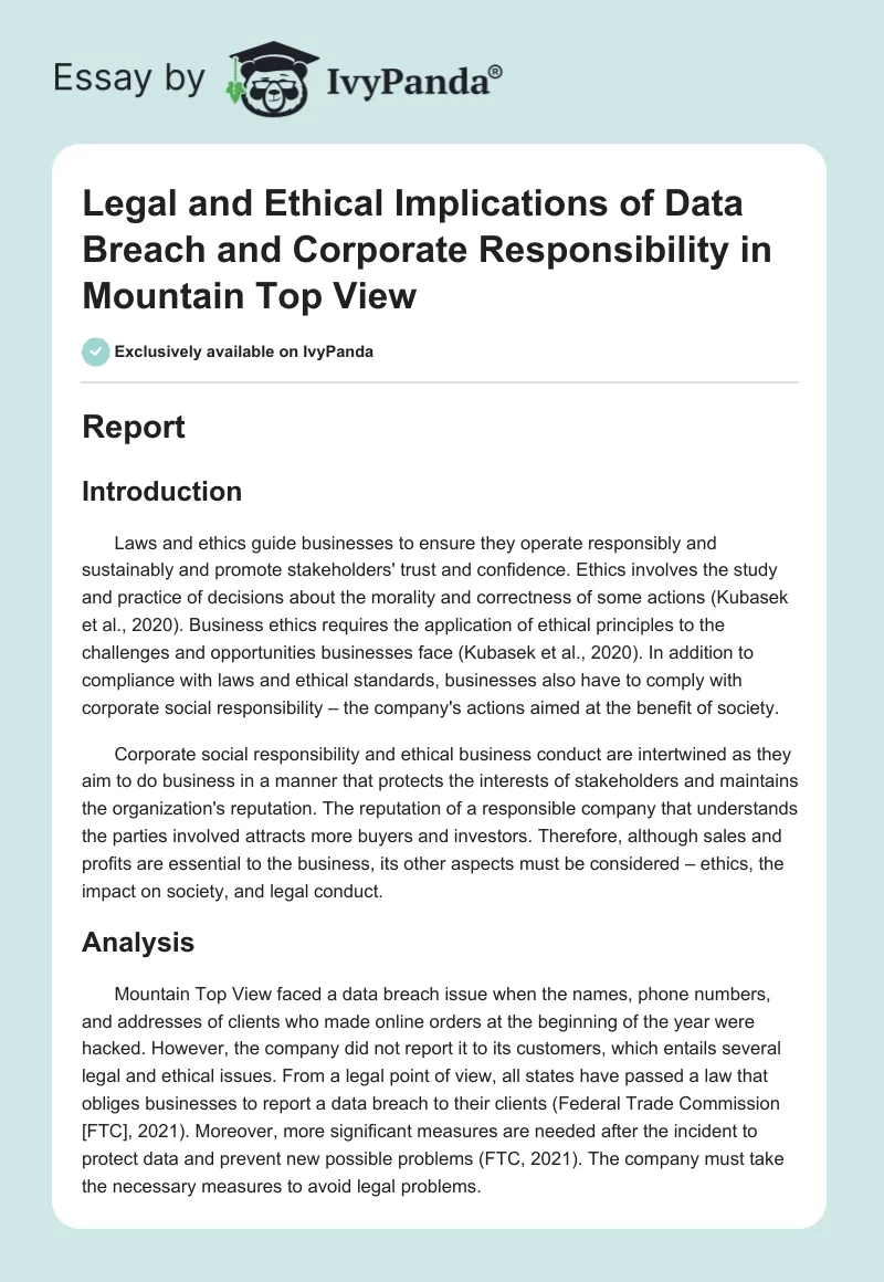 Legal and Ethical Implications of Data Breach and Corporate Responsibility in Mountain Top View. Page 1