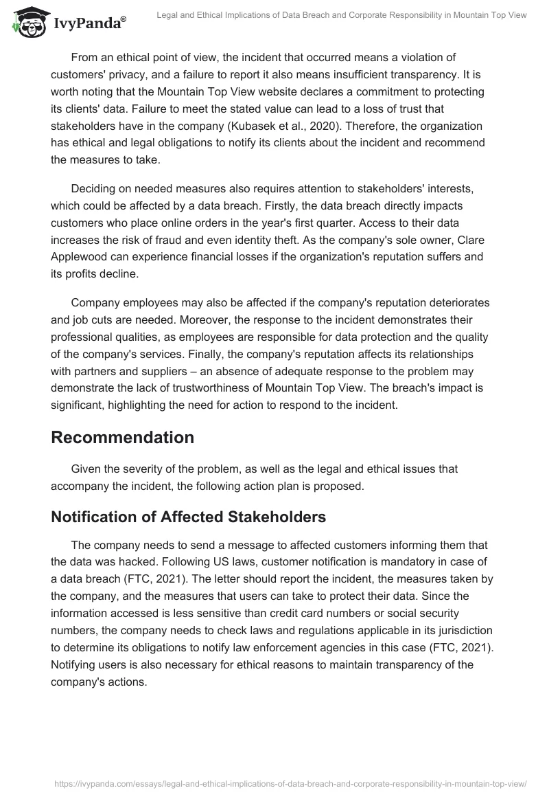 Legal and Ethical Implications of Data Breach and Corporate Responsibility in Mountain Top View. Page 2