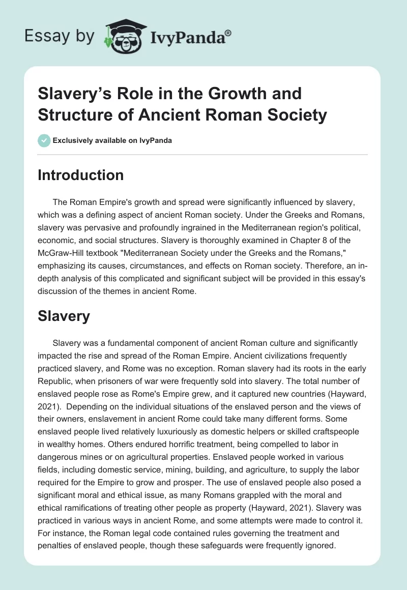 Slavery’s Role in the Growth and Structure of Ancient Roman Society. Page 1