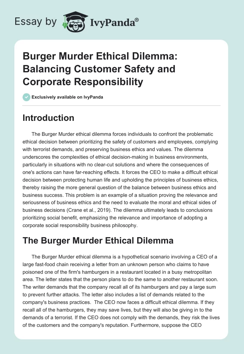 Burger Murder Ethical Dilemma: Balancing Customer Safety and Corporate Responsibility. Page 1