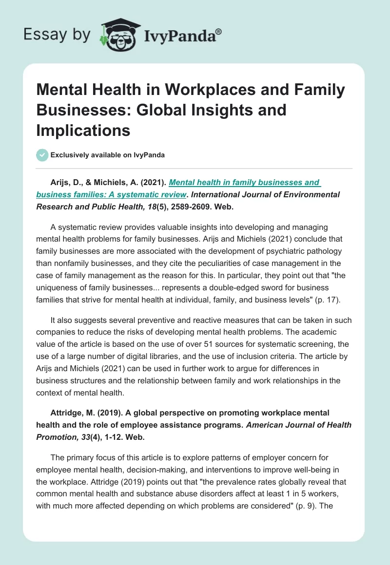 Mental Health in Workplaces and Family Businesses: Global Insights and Implications. Page 1