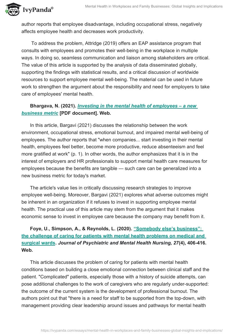 Mental Health in Workplaces and Family Businesses: Global Insights and Implications. Page 2