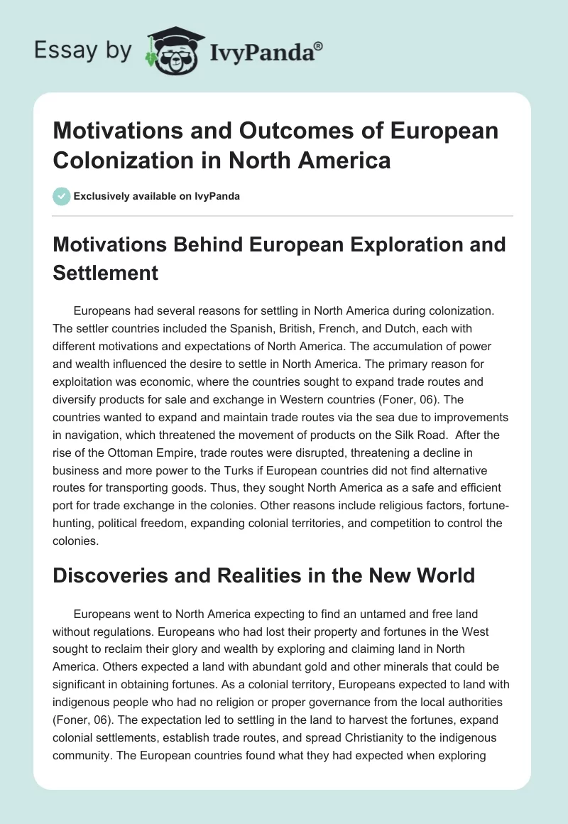 Motivations and Outcomes of European Colonization in North America. Page 1