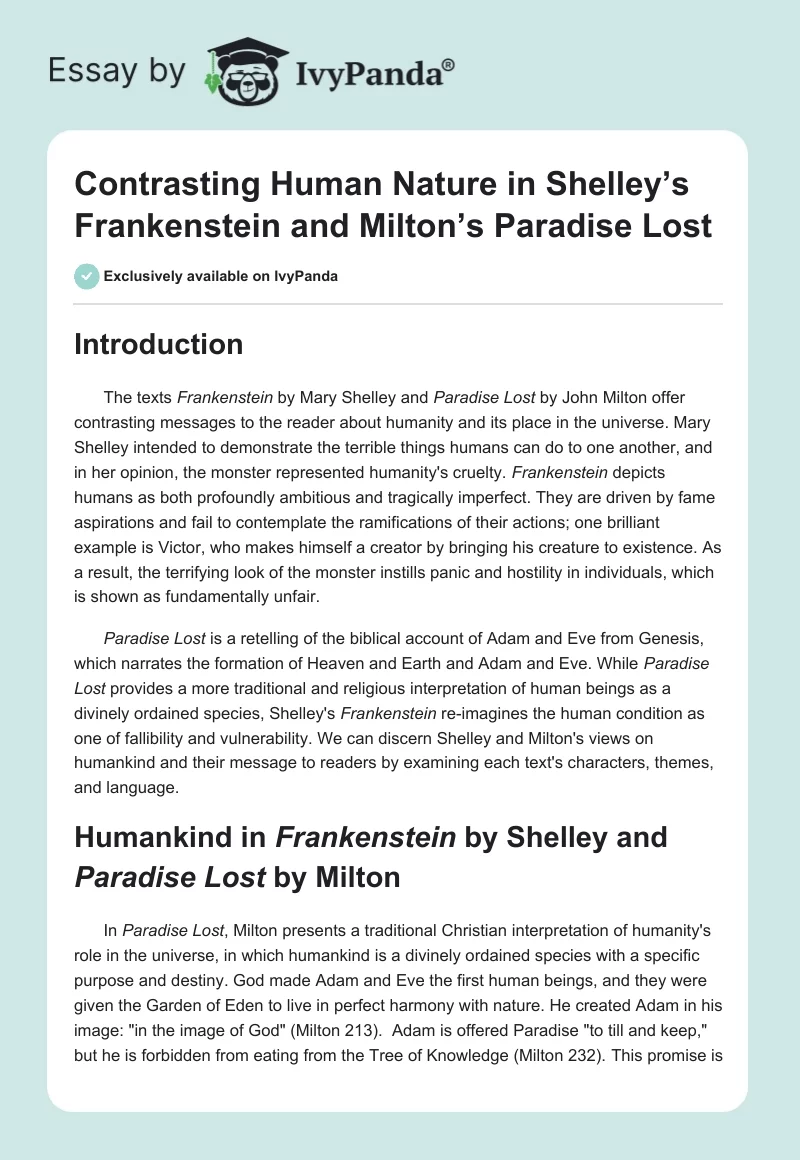 Contrasting Human Nature in Shelley’s Frankenstein and Milton’s Paradise Lost. Page 1