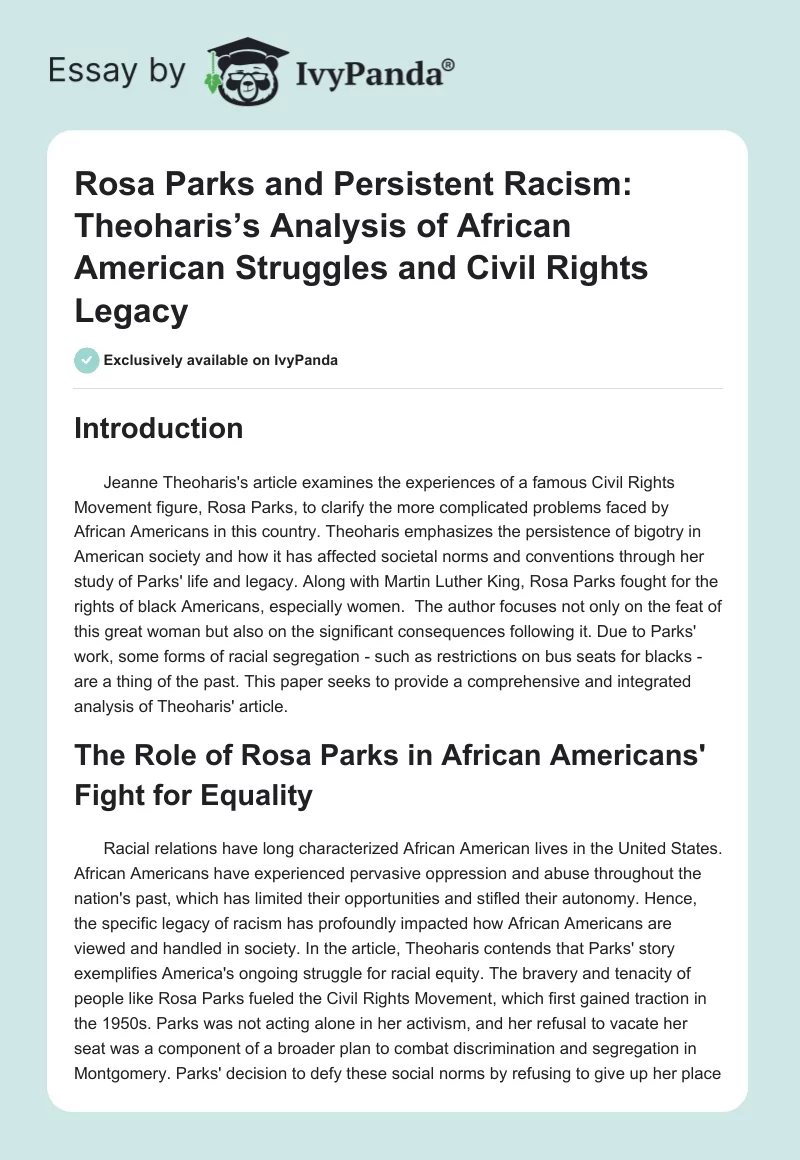 Rosa Parks and Persistent Racism: Theoharis’s Analysis of African American Struggles and Civil Rights Legacy. Page 1