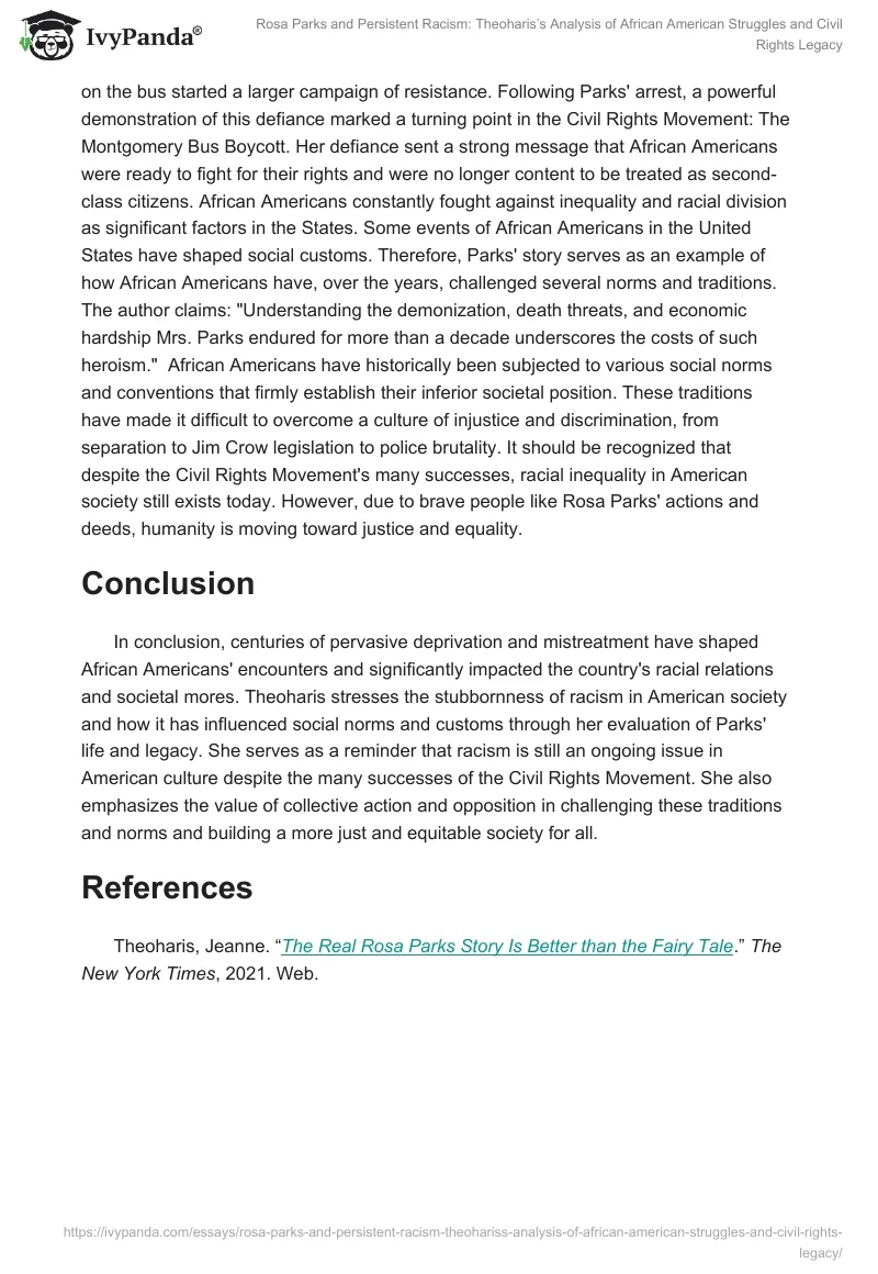Rosa Parks and Persistent Racism: Theoharis’s Analysis of African American Struggles and Civil Rights Legacy. Page 2