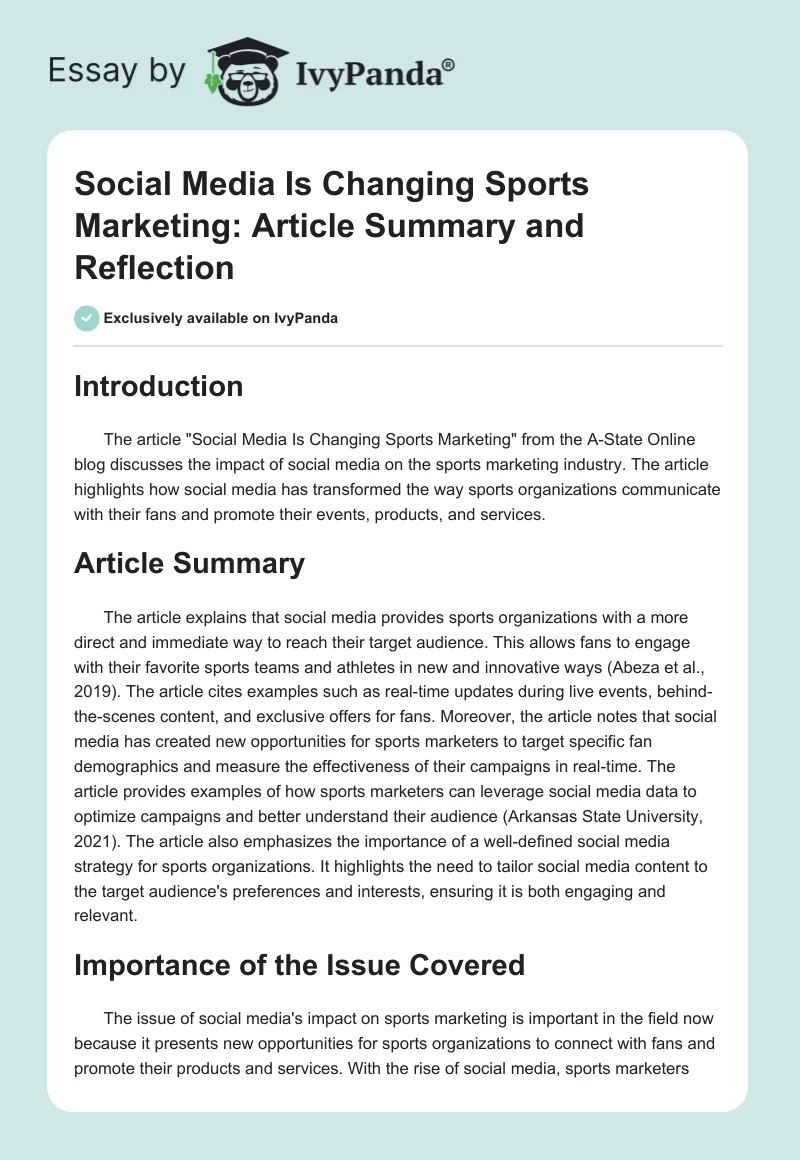 Social Media Is Changing Sports Marketing: Article Summary and Reflection. Page 1