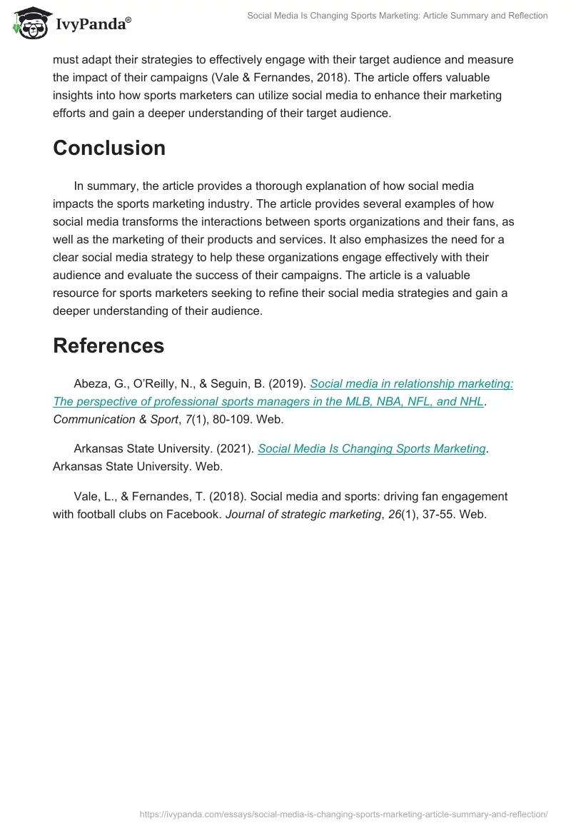 Social Media Is Changing Sports Marketing: Article Summary and Reflection. Page 2