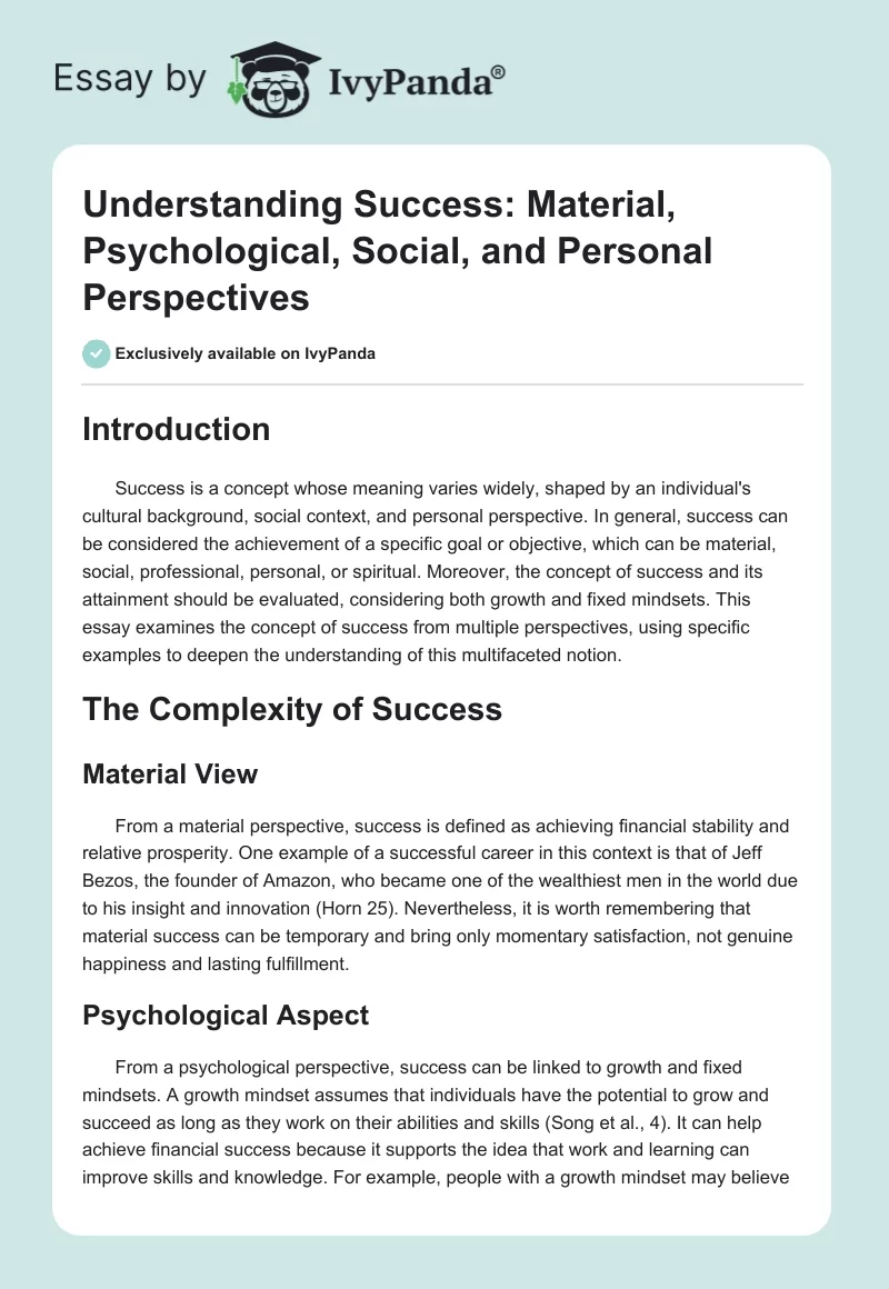 Understanding Success: Material, Psychological, Social, and Personal Perspectives. Page 1