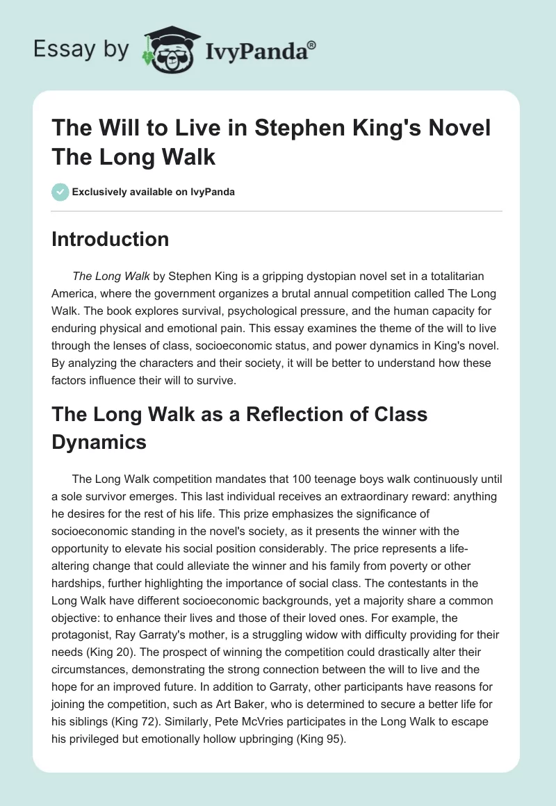 The Will to Live in Stephen King's Novel The Long Walk. Page 1