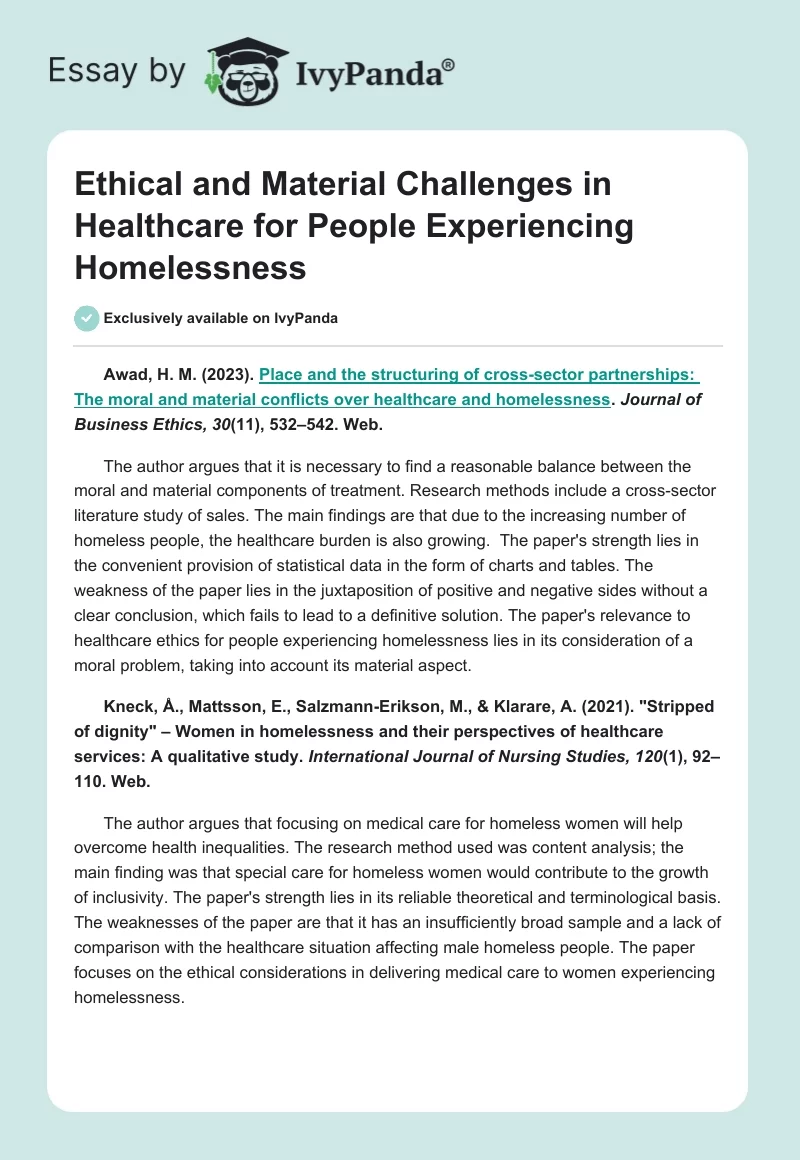 Ethical and Material Challenges in Healthcare for People Experiencing Homelessness. Page 1