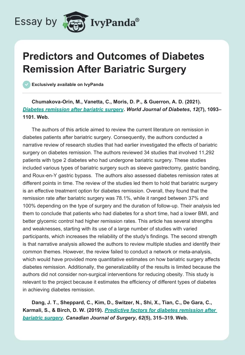 Predictors and Outcomes of Diabetes Remission After Bariatric Surgery. Page 1