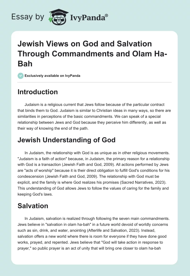 Jewish Views on God and Salvation Through Commandments and Olam Ha-Bah. Page 1