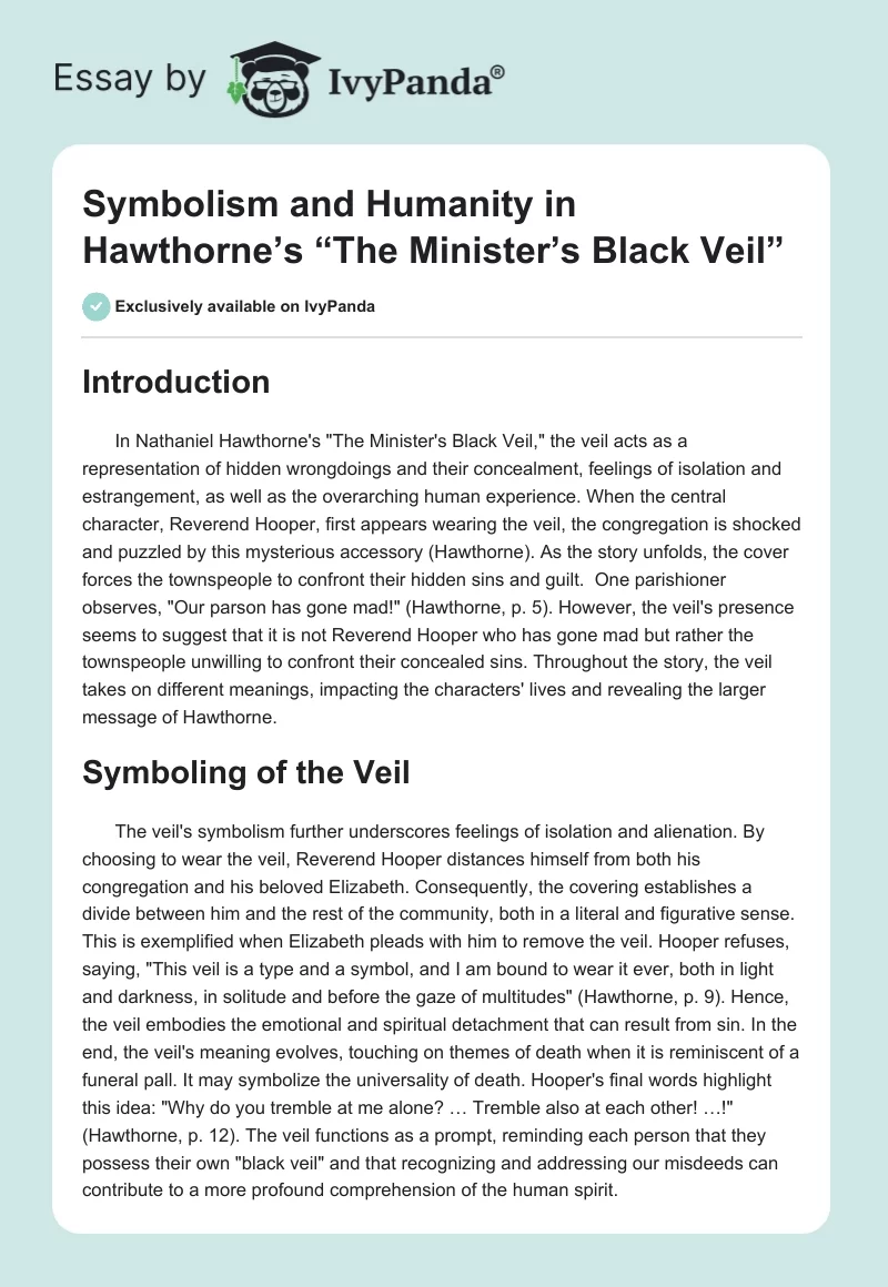 Symbolism and Humanity in Hawthorne’s “The Minister’s Black Veil”. Page 1