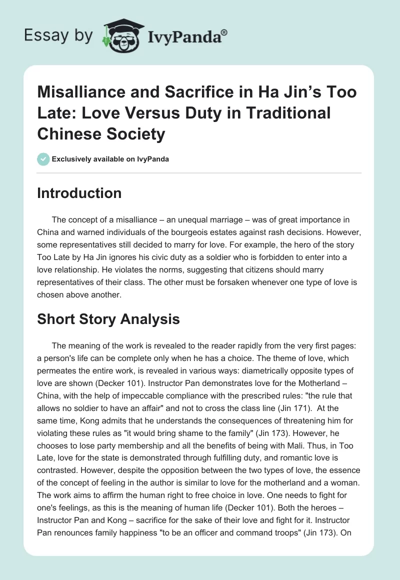 Misalliance and Sacrifice in Ha Jin’s Too Late: Love Versus Duty in Traditional Chinese Society. Page 1