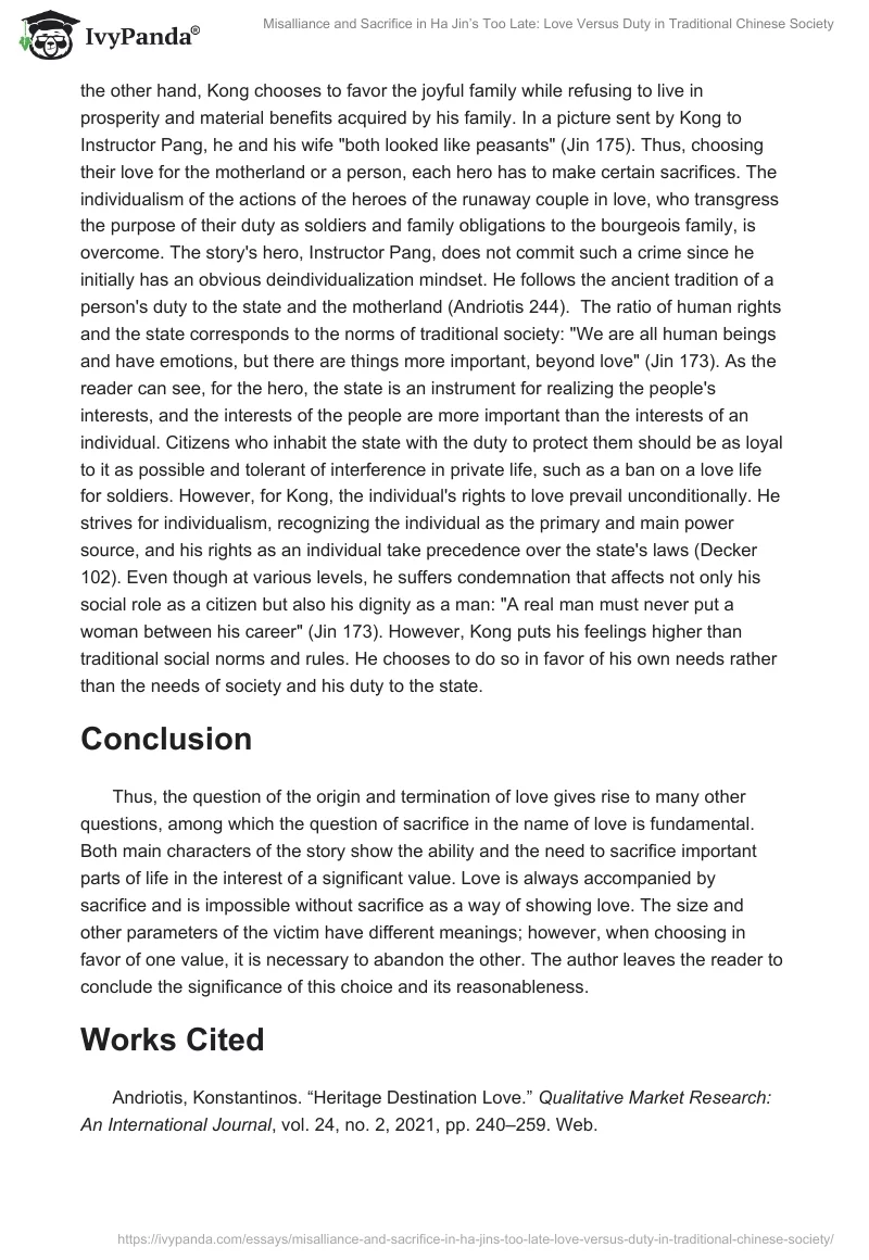 Misalliance and Sacrifice in Ha Jin’s Too Late: Love Versus Duty in Traditional Chinese Society. Page 2