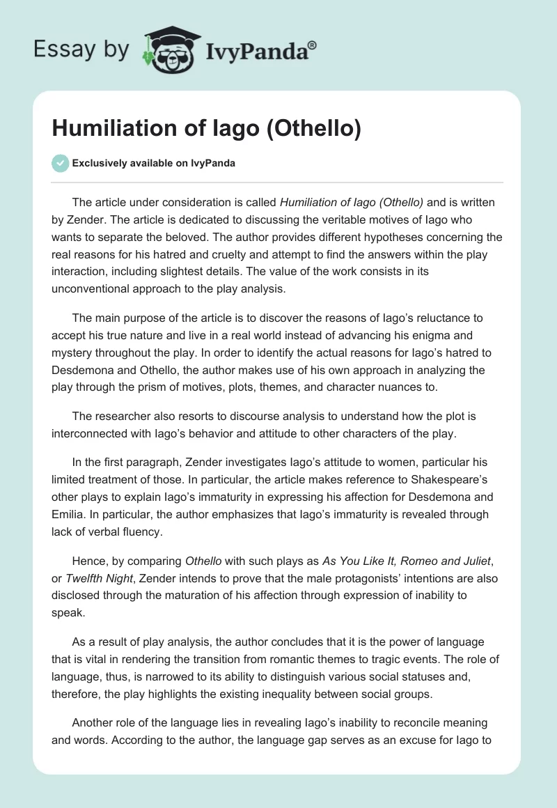 othello essays on iago's motives