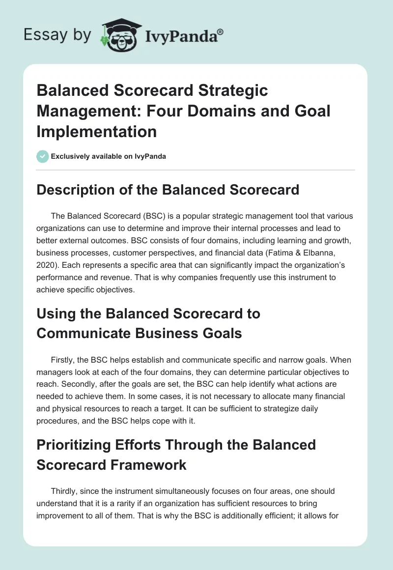 Balanced Scorecard Strategic Management: Four Domains and Goal Implementation. Page 1