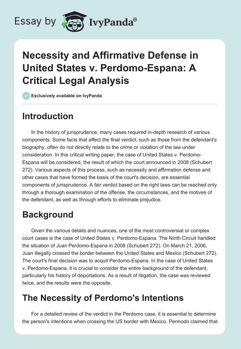 Necessity and Affirmative Defense in United States v. Perdomo-Espana: A Critical Legal Analysis. Page 1