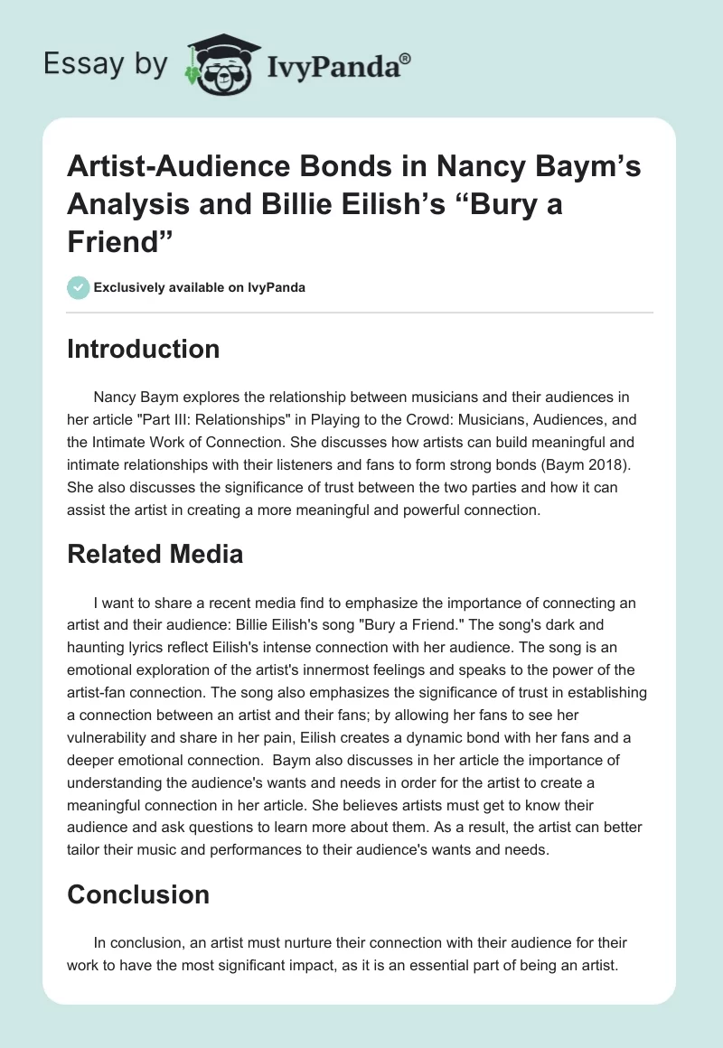 Artist-Audience Bonds in Nancy Baym’s Analysis and Billie Eilish’s “Bury a Friend”. Page 1