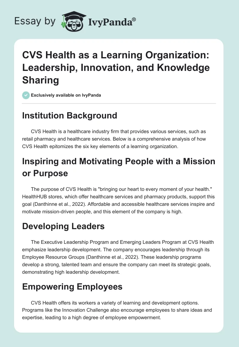 CVS Health as a Learning Organization: Leadership, Innovation, and Knowledge Sharing. Page 1
