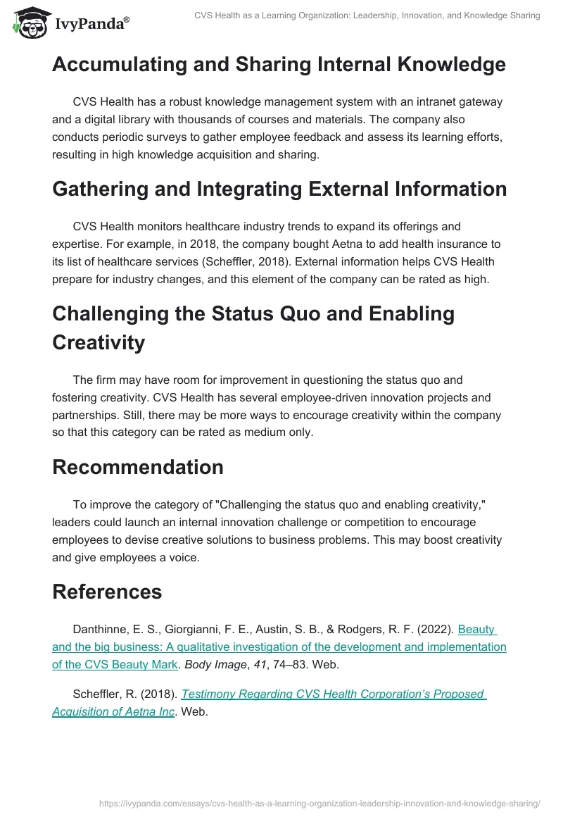 CVS Health as a Learning Organization: Leadership, Innovation, and Knowledge Sharing. Page 2
