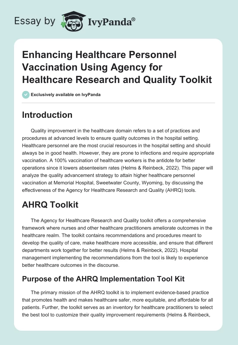 Enhancing Healthcare Personnel Vaccination Using Agency for Healthcare Research and Quality Toolkit. Page 1