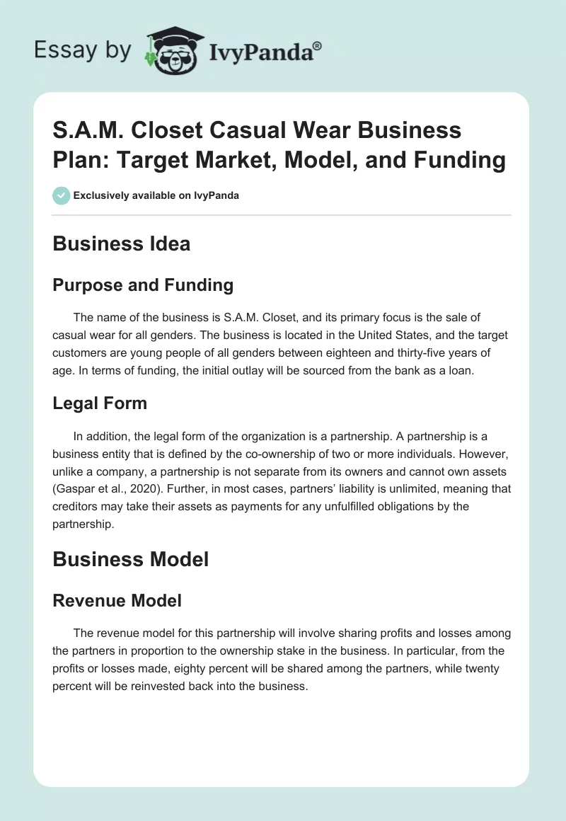 S.A.M. Closet Casual Wear Business Plan: Target Market, Model, and Funding. Page 1