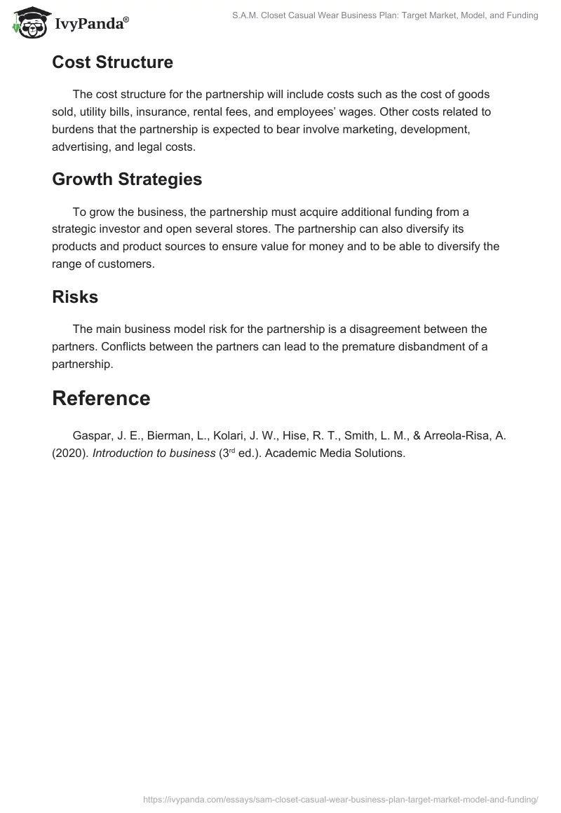 S.A.M. Closet Casual Wear Business Plan: Target Market, Model, and Funding. Page 2