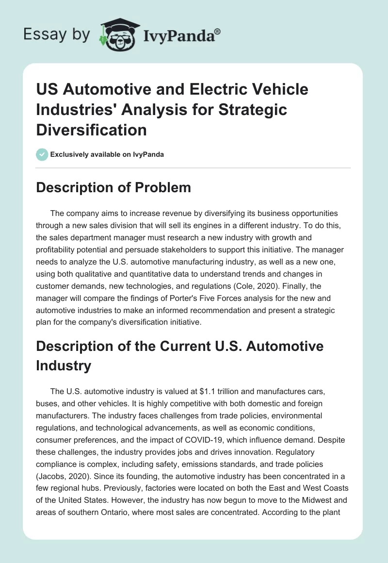 US Automotive and Electric Vehicle Industries' Analysis for Strategic Diversification. Page 1
