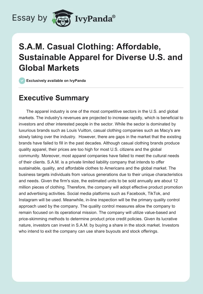 S.A.M. Casual Clothing: Affordable, Sustainable Apparel for Diverse U.S. and Global Markets. Page 1