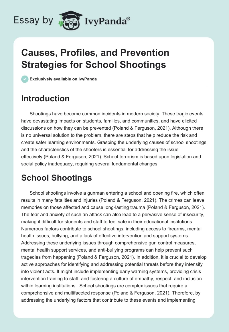 Causes, Profiles, and Prevention Strategies for School Shootings. Page 1